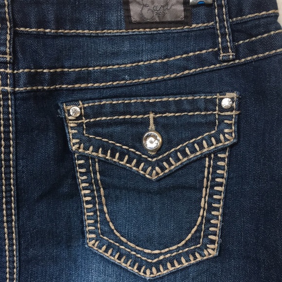 Earl Jean Denim Jeans Skirt Mini Size 6 Rhinestones and Embroidered Stitches - Picture 3 of 14